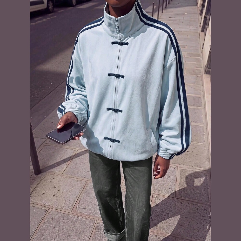 Sky Blue Track Jacket with Navy Stripes and Frog Closures - Picture 8 of 8